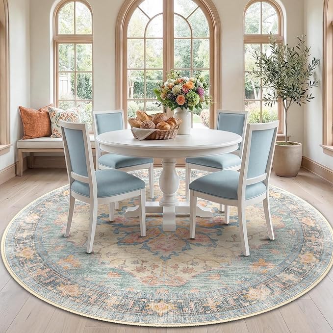 RELEANY Washable Area Rug, Round 7ft, Water Repellent, Pet Friendly, Vintage by RELEANY