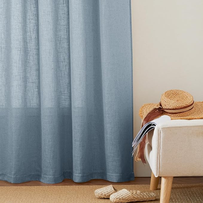 RYB HOME Linen Curtains 120 inches Long, Extra Long Floor Sweeping Semi Sheer Curtains Light Filtering Privacy Linen Blend Drapes for Sliding Glass Door Living Room, 52" inches Wide, Dusty Blue