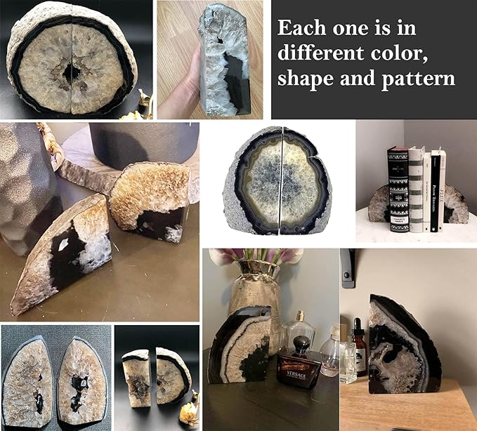 AMOYSTONE Black Geode Bookends Agate Decorative Book Ends for Shelves Heavy Duty Crystal Quartz Bookends with Rubber Bumpers(1 Pair, 3-4 LBS)