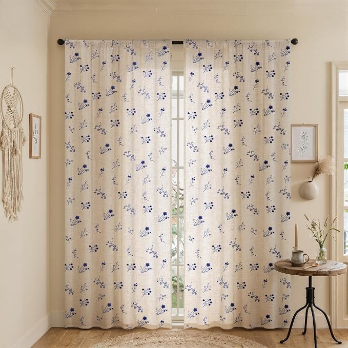 Dark Blue Floral Embroidered Light Filtering Curtains 84 Inch 2 Panels - Image 2