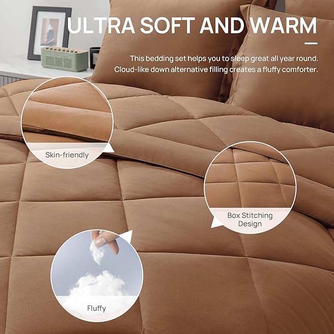 Love's cabin King Size Comforter Set Mocha Mousse, 7 Pieces King Bed in a Bag, All Season Bedding Sets with 1 Comforter, 1 Flat Sheet, 1 Fitted Sheet, 2 Pillowcase and 2 Pillow Sham