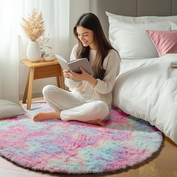 Rainbow Round Area Rugs 5ft, Soft Bedroom Circle Rug Mats - Image 6