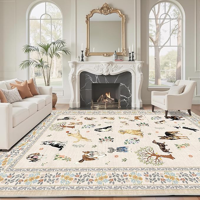 Beige Floral Area Rug 9x12 for Living Room Bedroom | Low Pile; Non Slip;Machine - Image 5