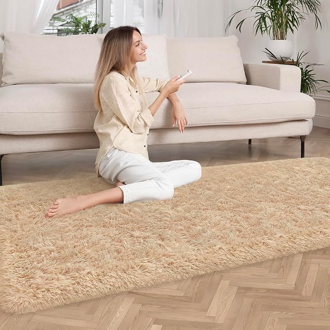 2x6 Bedside Area Rugs for Bedroom Soft Fluffy Shag Beige Rug for Hallway - Image 2