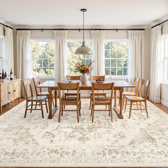 5x7 Area Rugs Living Room: Bedroom Washable Carpet Beige/Ivory | Vintage Boho - Image 9