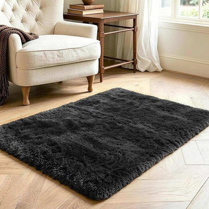2x3 Black Fluffy Soft Area Rug Non-Slip - Image 3