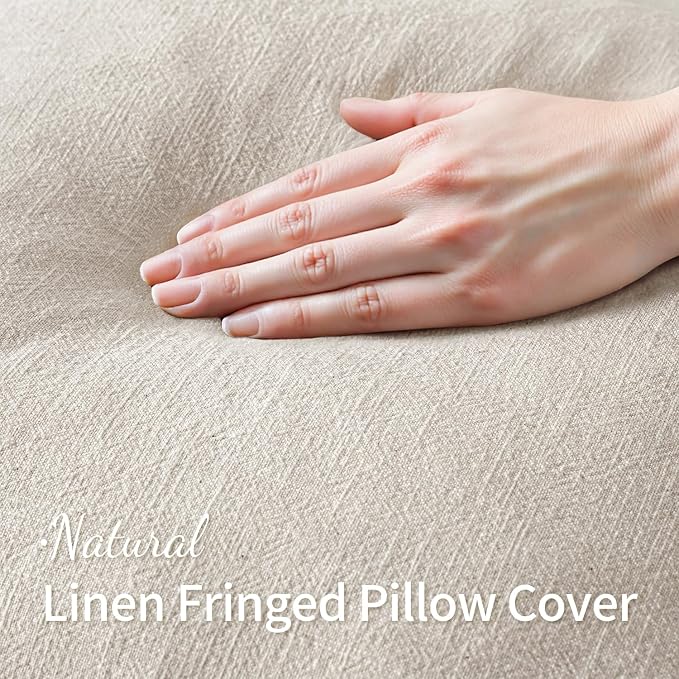 MIULEE Linen Fringe Decorative Throw Pillow Covers Natural Beige 16x16 | Set of - Image 2