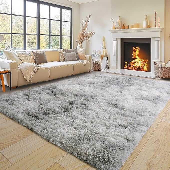 Super Fluffy Area Rug for Living Room 5x7, Shaggy Carpet, Tie Dye Grey | Modern by PIONBLANK