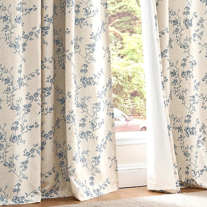 Blackout Vintage Floral Linen Curtains Blue on Beige 50×96 2 Panels | Elisa - Image 9