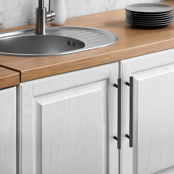 JOY DECOR 10 Pack Cabinet Handles, Black Cabinet Pulls, 7-1/2 in Hole Center Kitchen Hardware, Stainless Steel T Bar Handles for Dresser Drawers