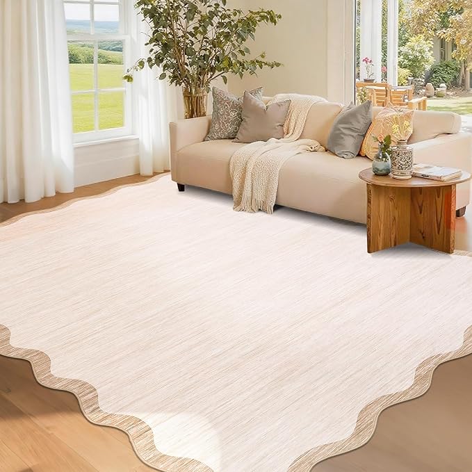 GarveeHome Scalloped Washable Rug 3x5 Beige Living Room Area Rug Non Slip | by GarveeHome