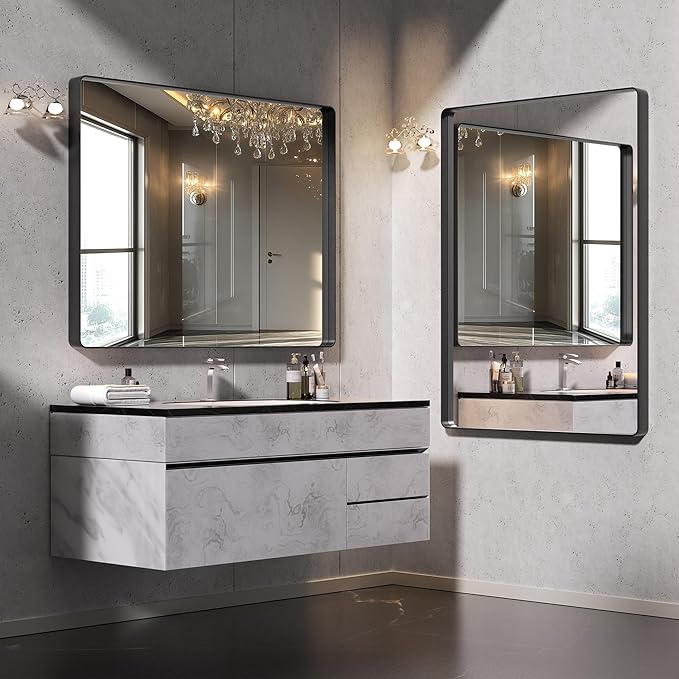 Hasipu 2 PCS Bathroom Mirror for Wall, 36 x 30 Inch Black Metal Framed Bathroom Mirrors for Over Sink, Rectangle Bathroom Vanity Mirror, Anti-Rust, Tempered Glass, Horizontal or Vertical