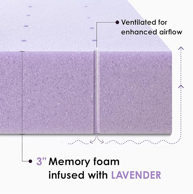 Mellow 3 Inch Ventilated Memory Foam Mattress Topper, Soothing Lavender Infusion, Full