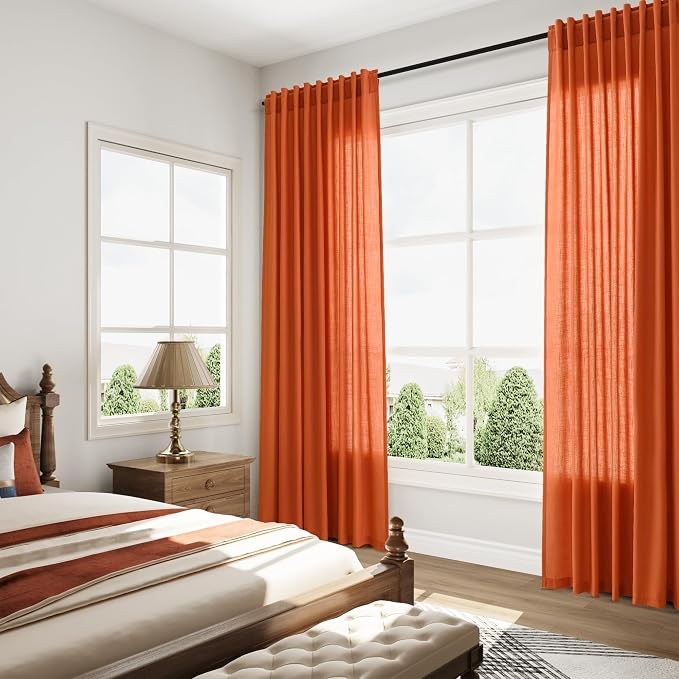 Bright Orange Linen Blend Light Filtering Back Tab Curtains 84 Inches Long - Image 8