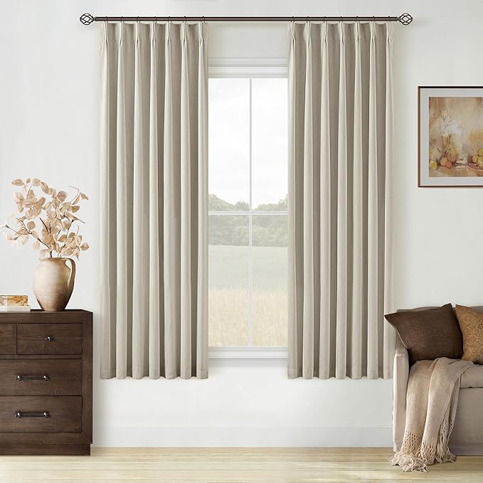 Oatmeal Beige 100% Blackout Pinch Pleated Linen 63 Inch Curtains by Twodrapes