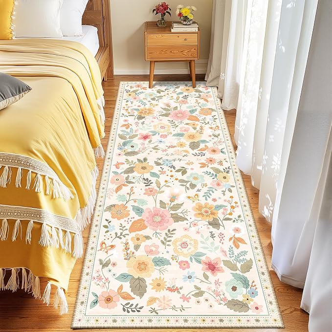 Floral Washable 2x10 Area Rugs Runner Entryway Hallway Beige/White/Orange | - Image 6