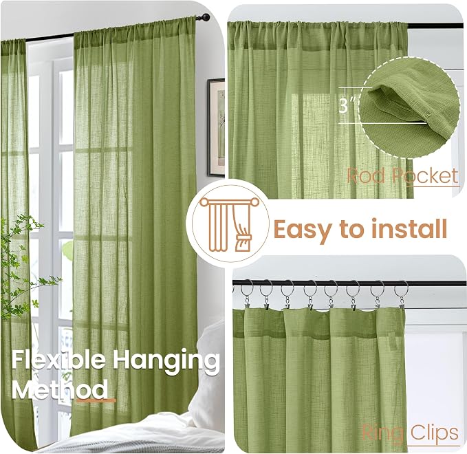 BGment 40 Inches Long Olive Green Linen Curtains - Image 6