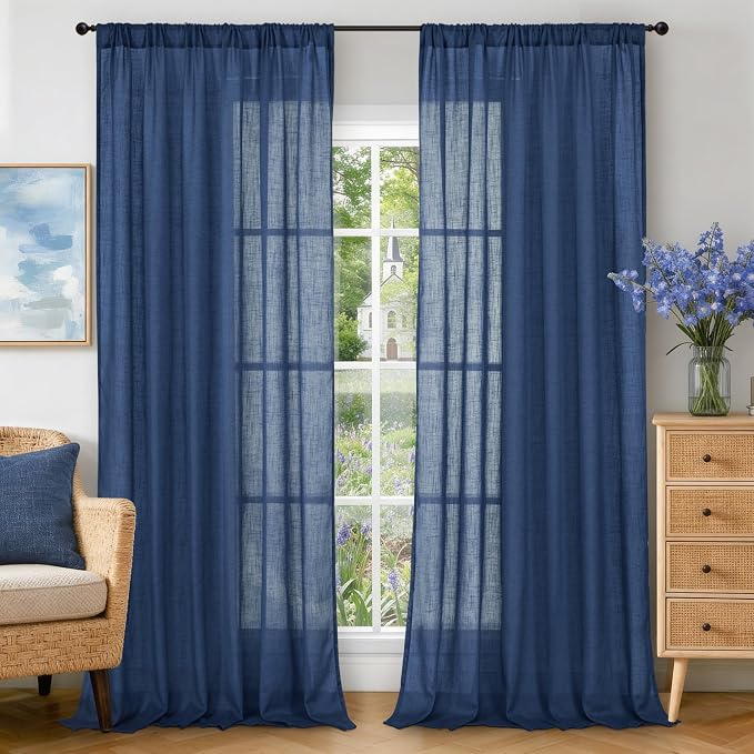 BGment Navy Blue Linen Curtains 84 Inches Long, Semi Sheer Drapes 2 Panels Set by BGment