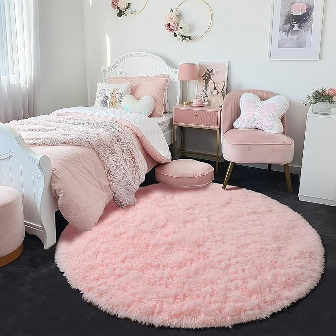 Amdrebio Pink Small Furry Circle Area Rug 3Ft - Image 2