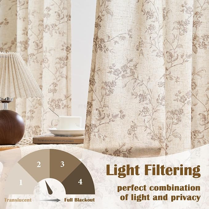 Taupe Vintage Floral Linen Curtains Farmhouse 38W X 84L 2 Panels | Elisa Series - Image 3