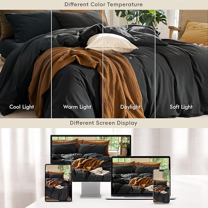 MooMee Bedding Duvet Cover Set 100% Washed Cotton Linen Like Textured Breathable Durable Soft Comfy (Solid Black, Oversized King Plus 128"x120")