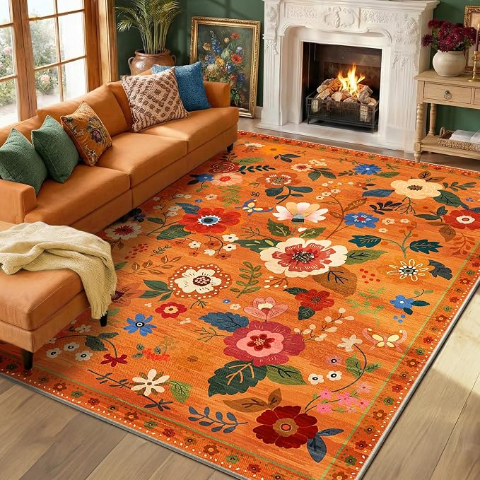 RELEANY Floral Washable 8x10 Area Rugs BurntOrange | Flower Carpet Print Boho by RELEANY