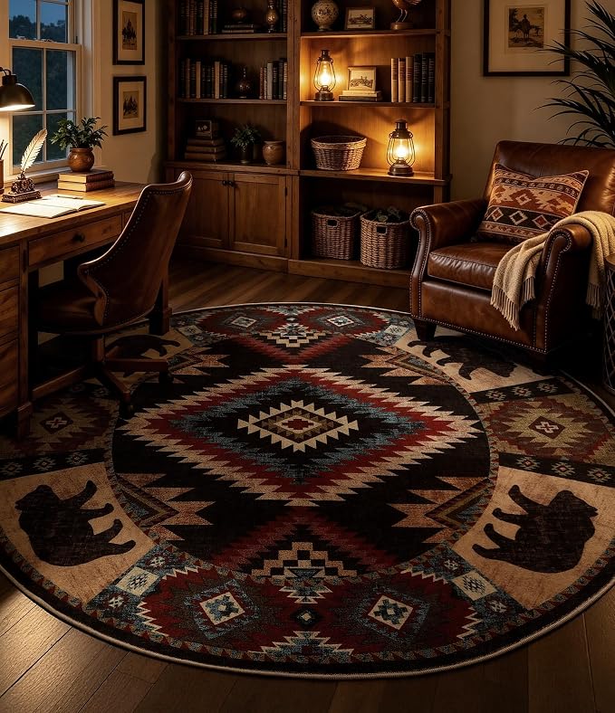 Southwestern Round Rug 6ft, Low Pile Soft Circle Area Rug - Image 6