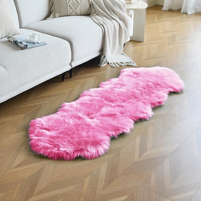 duduta Hot Pink Faux Sheepskin Runner Rugs 2x6 ft, Fluffy Fur Couch Covers | - Image 5