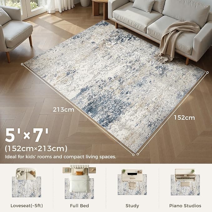 DMOYEST Area Rug Living Room Rugs 5x7 Washable Abstract Beige Blue Carpet | - Image 2