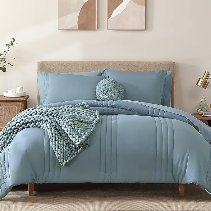 Monbix King Size Comforter Set - 7 Pieces Bed in a Bag King, Dusty Blue Bedding Sets with Comforter, All Seasons Down Alternative Comforter Bed Set with Sheets, Pillowcases & Shams
