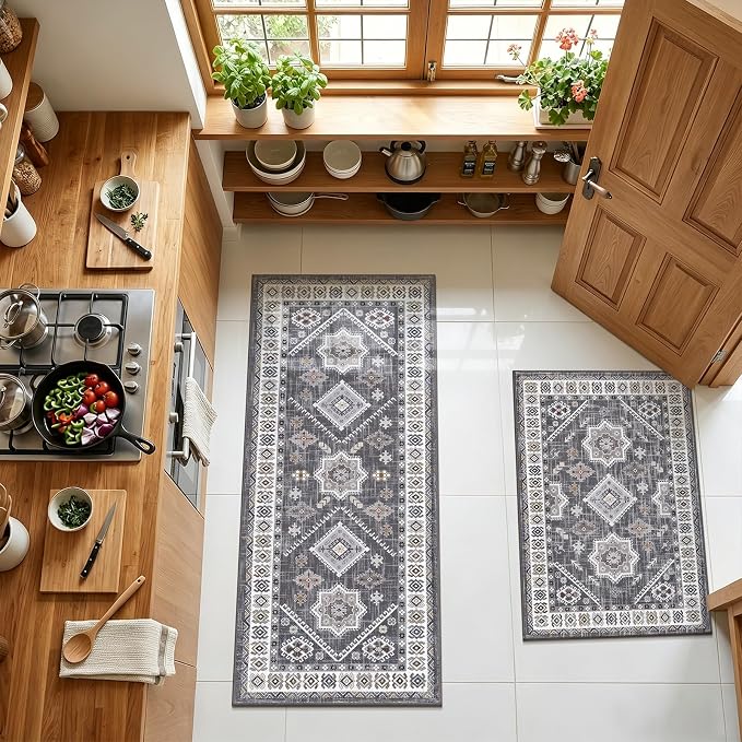 HEBE Boho Kitchen Rugs Set of 2, Non Slip Washable Kitchen Mats - Image 9