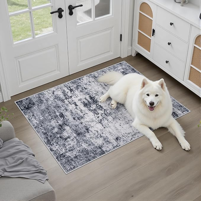2x3 Washable Entryway Rug: Modern Abstract Indoor Soft Carpet Grey | - Image 2