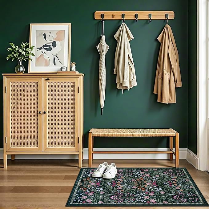 PLHXFR 2x3 Small Entryway Rug: Floral Washable Indoor Carpet Dark Green | - Image 5