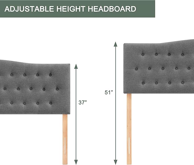 Tufted Upholstered Headboard Queen Size, Sturdy and Durable Solid Wood Bed headboard, Fabric Headboard Adjustable Height from 37” to 51”, Modern Button Diamond Design Head Board, Grey