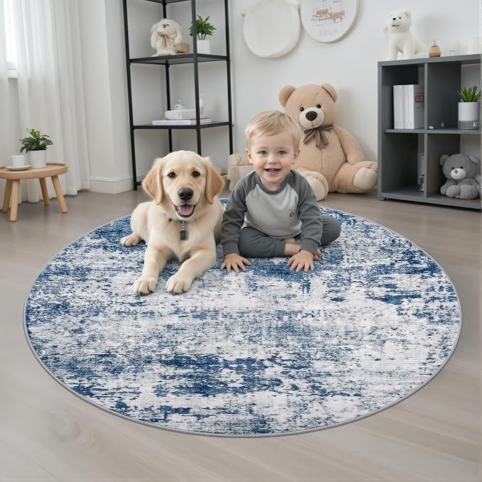 Round Area Rug Living Room: 5 ft Modern Washable Carpet Blue | - Image 2