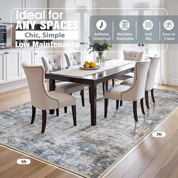 5x7 Area Rugs for Living Room Washable Bedroom Dining Room Brown Blue | Modern - Image 2