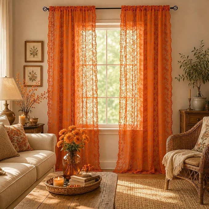 YJ YANJUN Lace Curtains 80 Inches Long, Burnt Orange Sheer Curtain Panels | - Image 2
