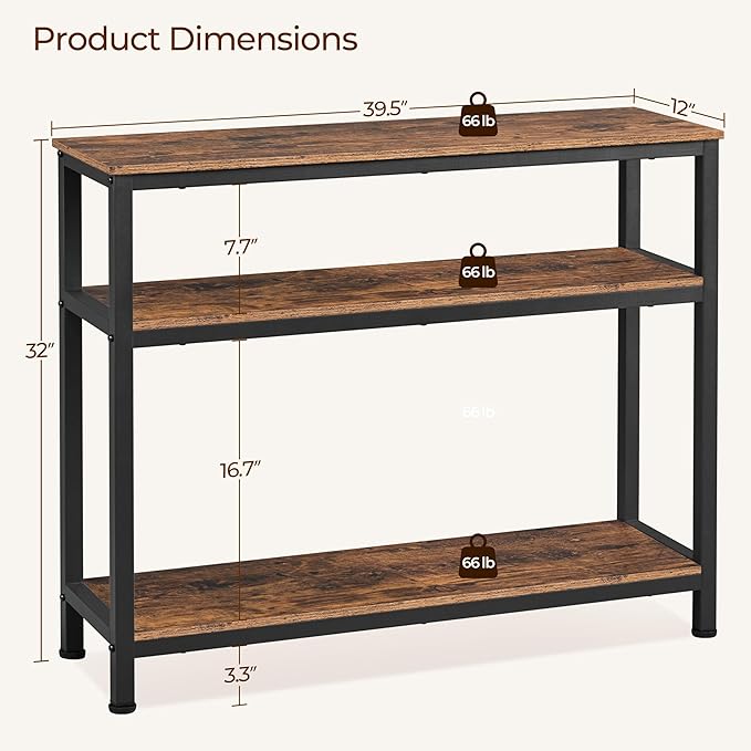 Yaheetech Industrial Console Table, 3 Tier Entryway Table with Storage Shelves, Narrow Sofa Tables for Living Room, Foyer, Hallway, Entrance, Metal Frame, Rustic Brown