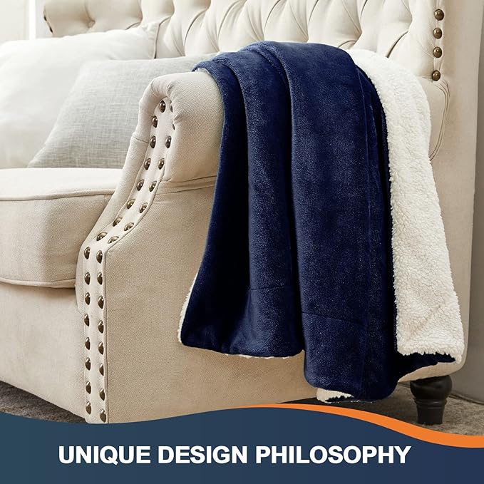 Walensee Sherpa Fleece Blanket (King Size 108”x90” Navy) Plush Throw Fuzzy Super Soft Reversible Microfiber Flannel Blankets for Couch, Bed, Sofa Ultra Luxurious Warm and Cozy for All Seasons