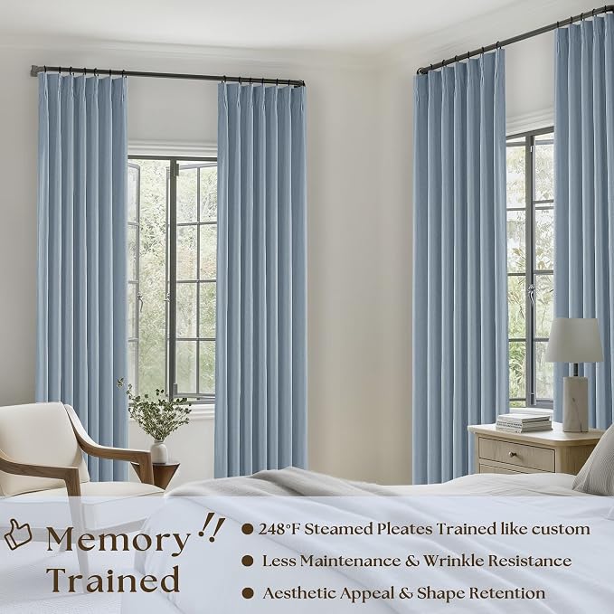 Dusty Blue Pleated Linen 100% Blackout Curtains 102 Inches Long - Image 6
