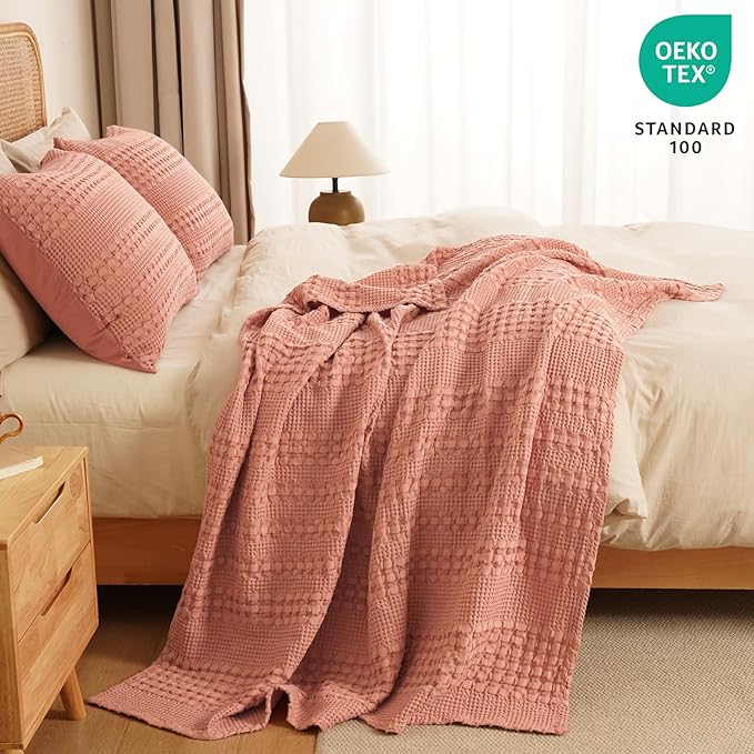PHF 100% Cotton Waffle Weave Throw Blanket, Soft Lightweight Breathable Cozy Throws for Couch Bed Sofa, Luxury Aesthetic Woven Blanket for Home Decor & Office, 50"x60", Canyon Clay