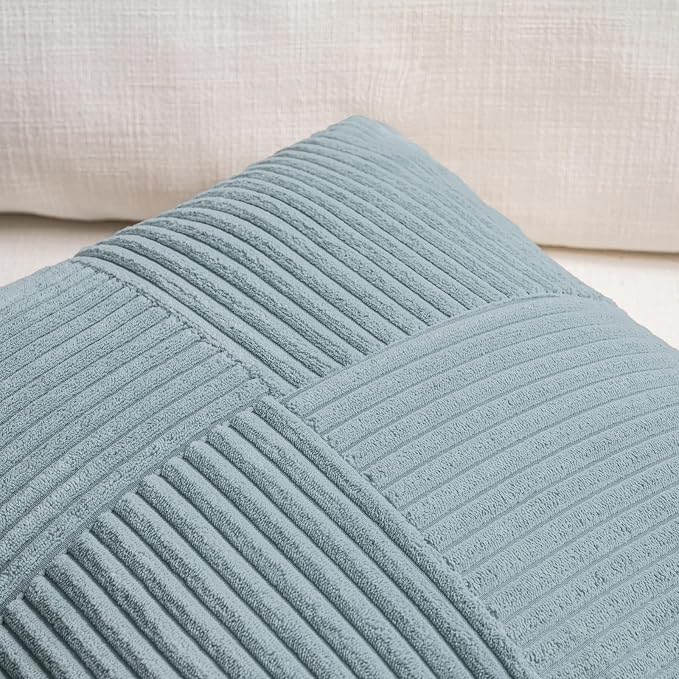 Fancy Homi Set of 2, Light Blue Patchwork Corduroy Decorative Soft Striped - Image 3