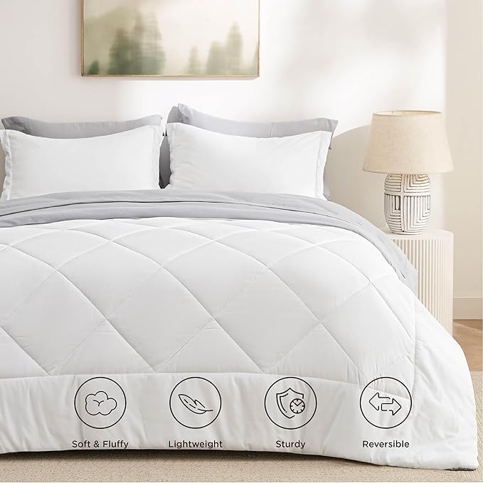 Bedsure King Comforter Set - 7 Pieces Reversible White and Grey Bedding, King Bed Set for All Seasons, Bed in a Bag with Down Alternative Comforter, Grey Sheets, Pillowcases & Shams