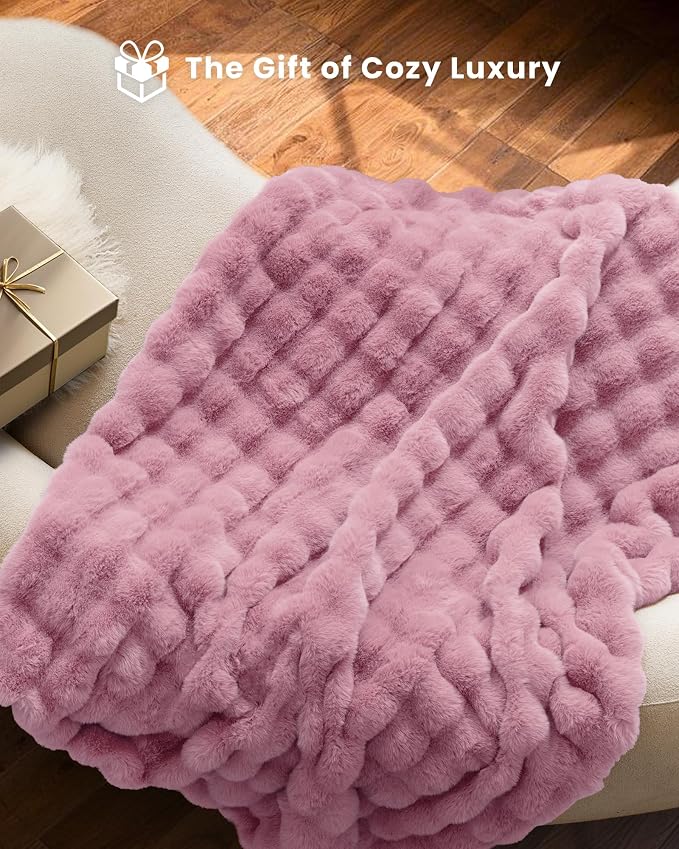 Ultra Soft Cozy Faux Fur Throw Blanket, Fuzzy Plush Thick Bubble Blanket - Image 4