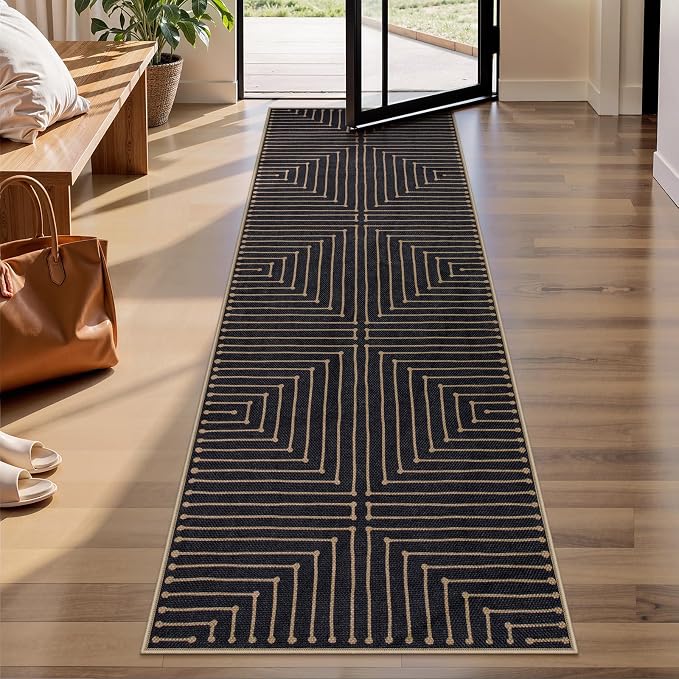 Lahome Black 2x8 Kitchen Runner, Modern Geometric Runner Rug Non Slip | - Image 2