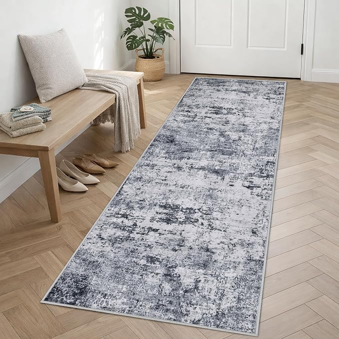 2.6x8 Washable Runner Rug：Modern Abstract Kitchen Soft Carpet Grey | - Image 2