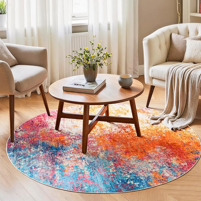 Rugflix Round Area Rugs 4Ft for Living Room, Washable Colorful Circle Rug | by RugflixAreaRugs