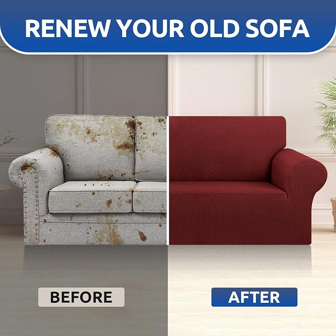 Stretch Couch Covers for Sofa, 3 Cushion Couch Slipcover, Dark Red | 1-Piece - Image 8