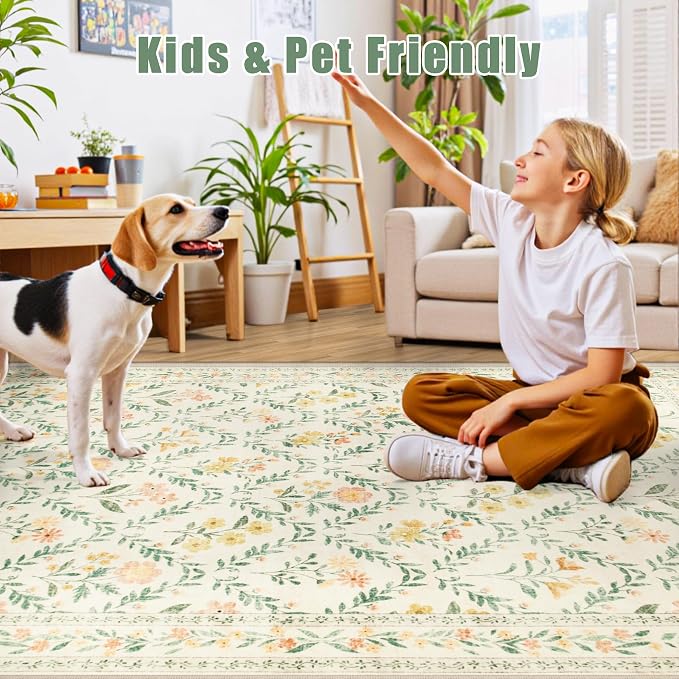 PLHXFR 2x5 Washable Runner Rug：Floral Indoor Kitchen Carpet Beige Multi | - Image 7