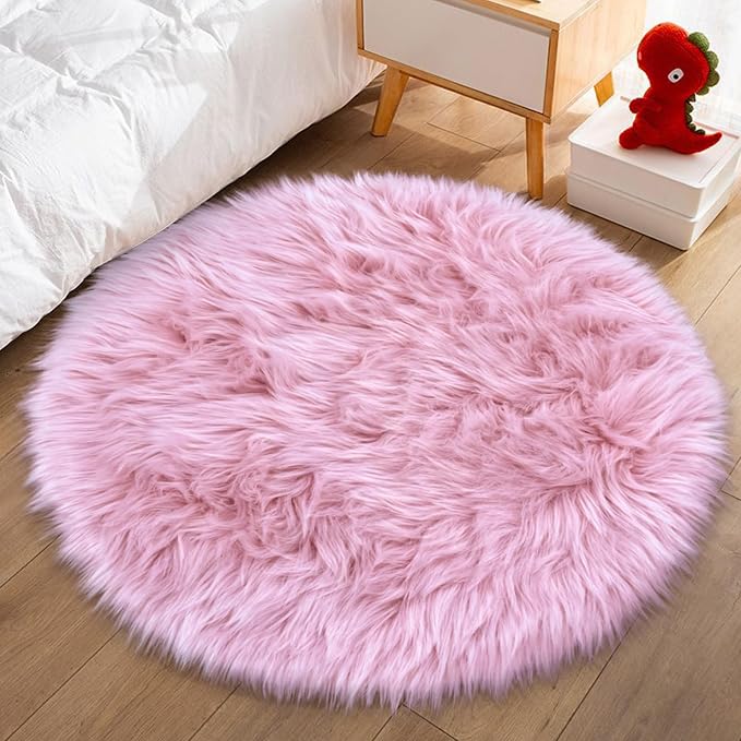 Pink Round Rug for Girls Bedroom, Fluffy Circle Rug 3 3 Feet for Kids Room - Image 7
